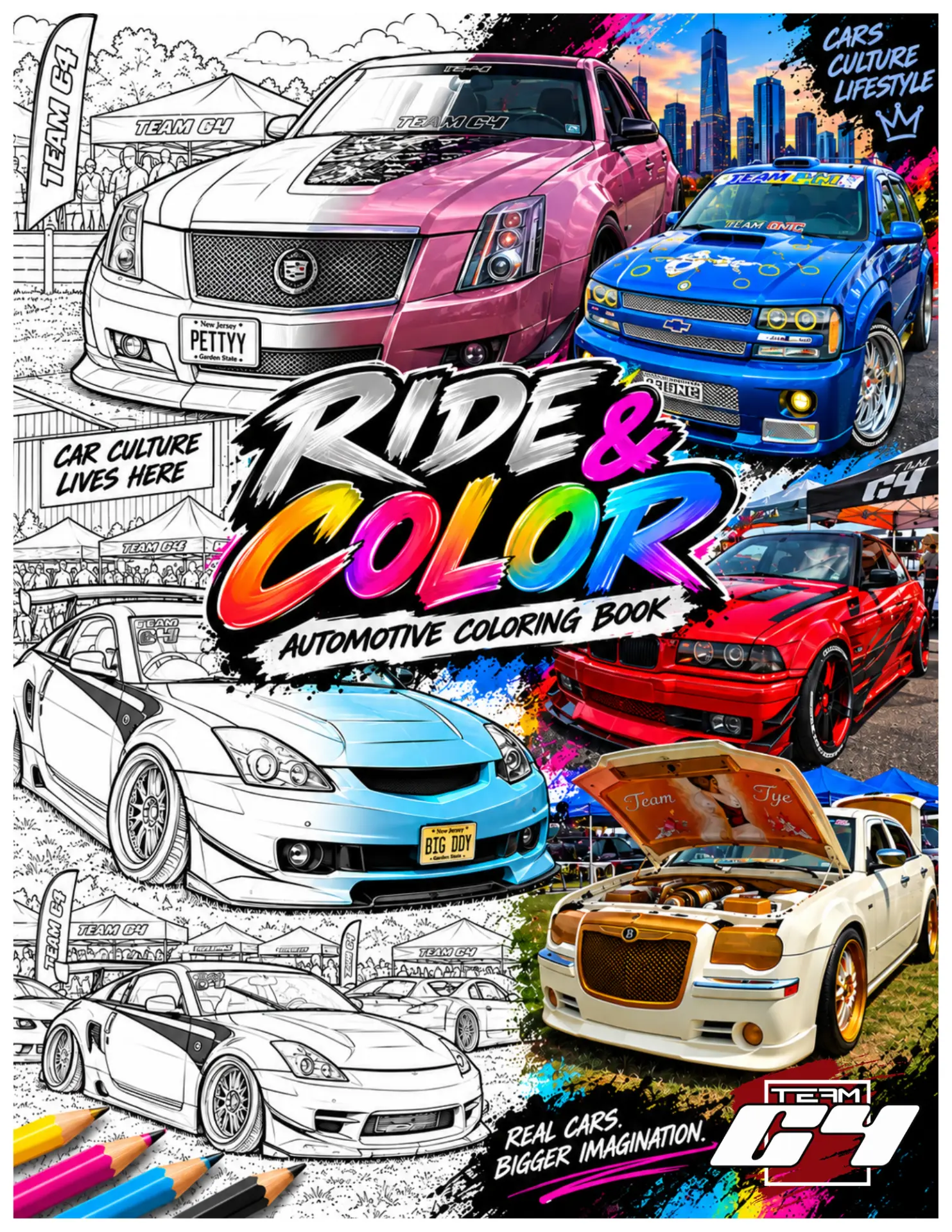 Ride & Color automotive coloring book cover by Team C4